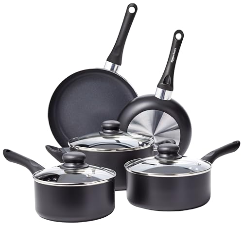 Amazon Basics - Batteria da cucina, 8 pezzi con rivestimento antiaderente, Nero