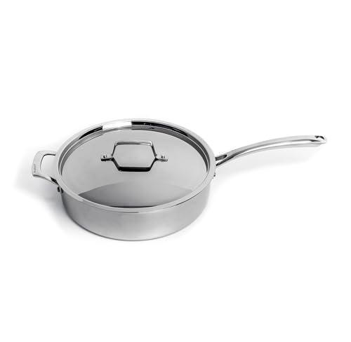 BergHOFF Padella professionale a tre strati in acciaio inox 18/10 da 28 cm 4,6 Qt. Impugnatura sicura con coperchio abbinato a induzione Indicazioni di misurazione del piano cottura all'interno per