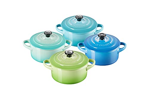 Le Creuset Set 4 Mini Cocotte in gres vetrificato, 250 ml, diameter 10 cm, Verde Palma,Blu Caribe,Blu,Blu Marsigli,Cool Mint, 79212105139100