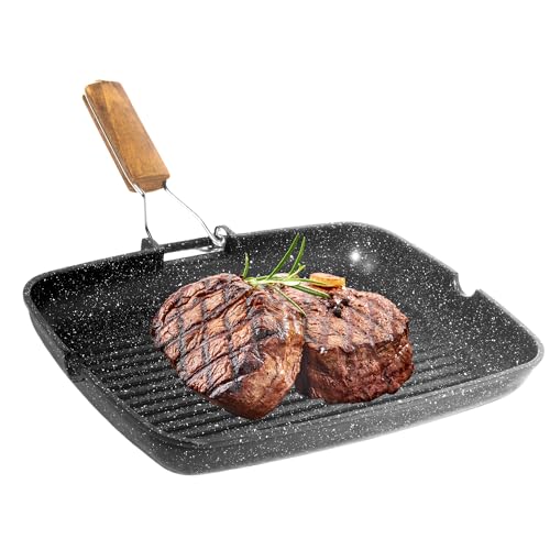 NAMAI-Bistecchiera Antiaderente Pietra - Manico Pieghevole Salvaspazio - 36cm x 24cm - Lavastoviglie - Griglia Rettangolare- Alluminio Pressofuso - Nera - Piastra per Cucinare sui Fornelli