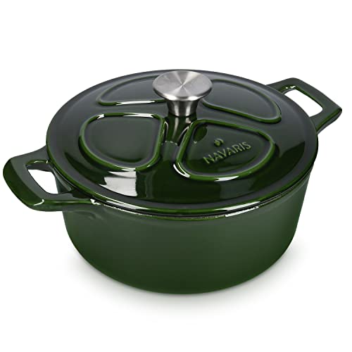 Navaris Pentola in Ghisa Smaltata con Coperchio - Casseruola Ø 24cm - Cocotte Zuppa di Cipolle - Forno Olandese - Pentole Smaltate - per Cuocere il Pane da Forno e Arrosto - Verde