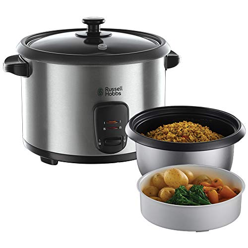 Russell Hobbs Cuociriso - 1,8l - Inserto per cottura a Vapore; Pentola antiaderente Rimovibile; Cucchiaio per riso e misurino; Acciaio Inox; coperchio in vetro, pentola a cottura lenta, 19750-56