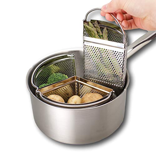 Saucepan Triple Divider And Separator Set - Saves Energy and Space When Cooking. Three Part Professional 18cm Stainless Steel Strainer. Vegetables, Potatoes, Mussels, Boiled Eggs. Pan Not Included.