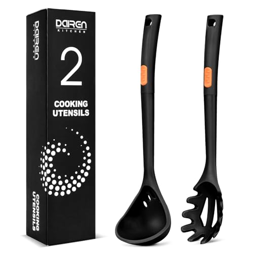 Set di forchetta e mestolo in silicone, grandi utensili da cucina antiaderenti per cucinare, mescolare, servire spaghetti, zuppe, salse (nero)